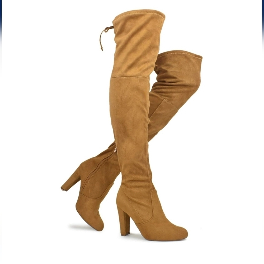 Wild Diva Lounge Amaya Women's Over The Knee Tie Up High Block Heel Dress Boots